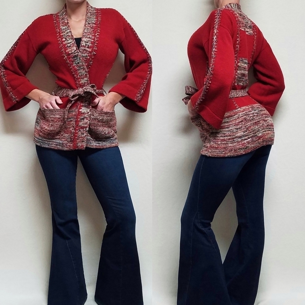 60s Vintage Woolco Stroller Red Ikat Knit Bell Sleeve Tie-Waist Cardigan Sweater